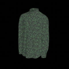 Left side of green camouflage patterned long sleeve shirt on a black background