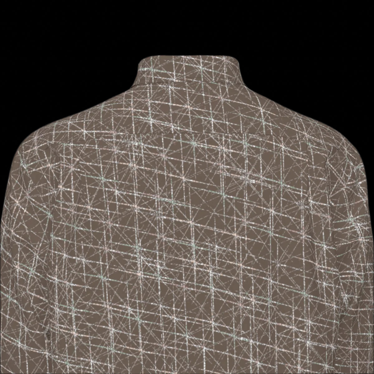 Top back of a brown long sleeve shirt on a black background