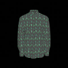 Front of green and black patterned long sleeve shirt on a black background
