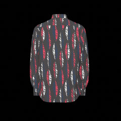 Back of black shirt with red and white pattern on a black background