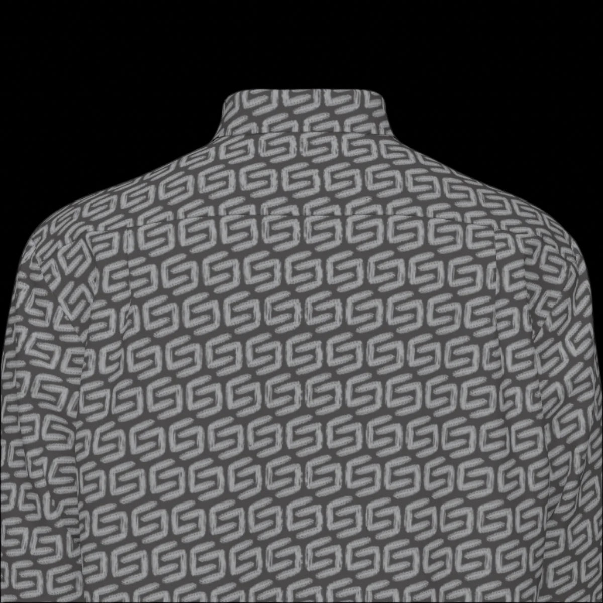 Top back of a patterned long sleeve shirt on a black background