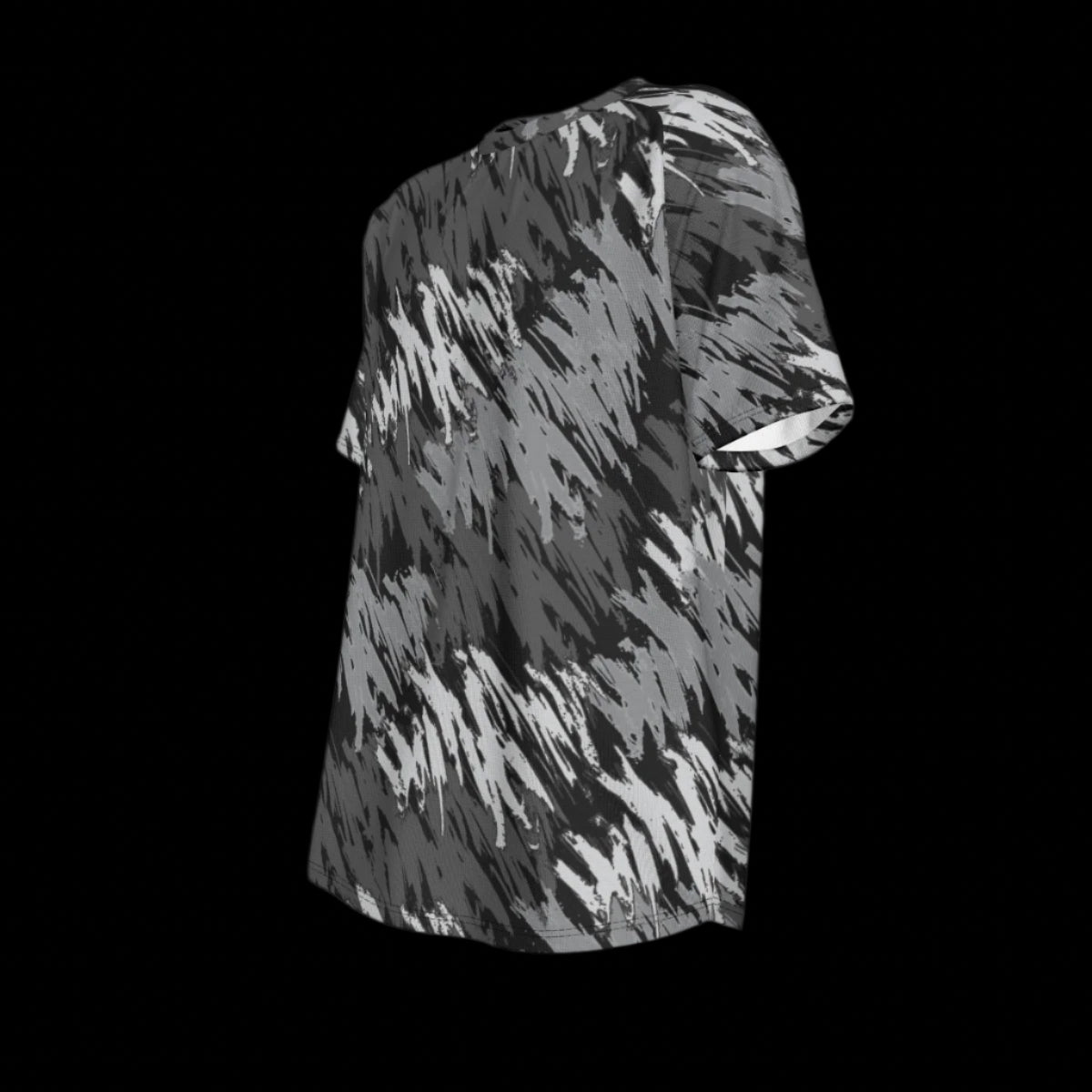 Left side of black and gray patterned t-shirt on a black background