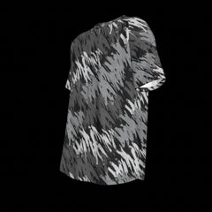 Left side of black and gray patterned t-shirt on a black background