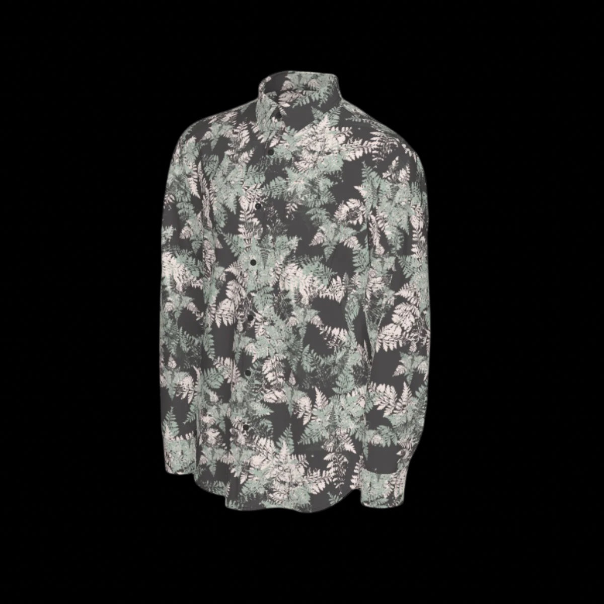 Left side of floral patterned shirt on a black background