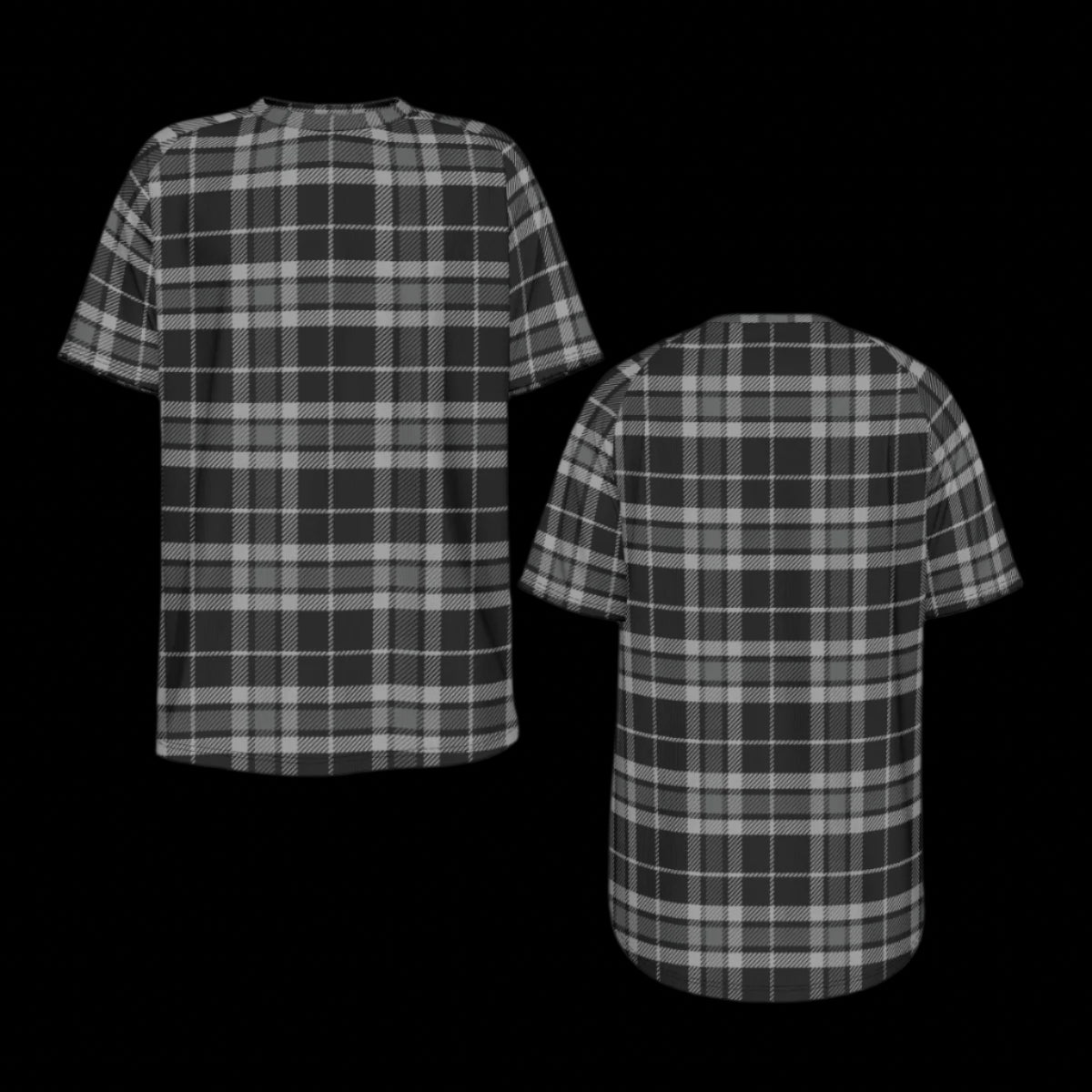Front and back of black and white plaid T-shirt on a black background