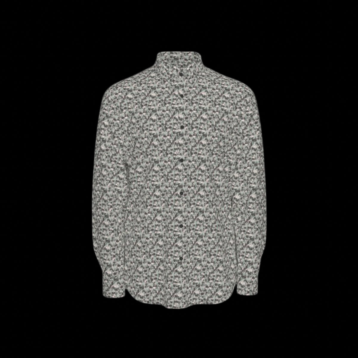 Front of floral patterned long sleeve shirt on a black background