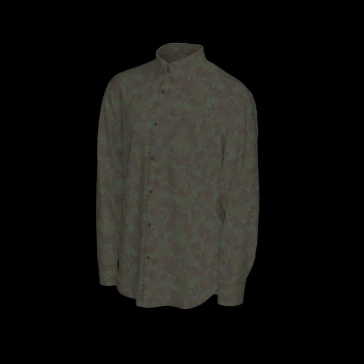 Left side of a green patterned long sleeve shirt on a black background