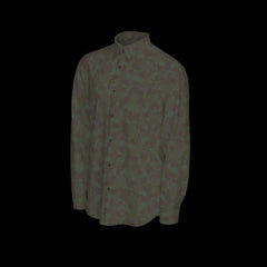 Left side of a green patterned long sleeve shirt on a black background