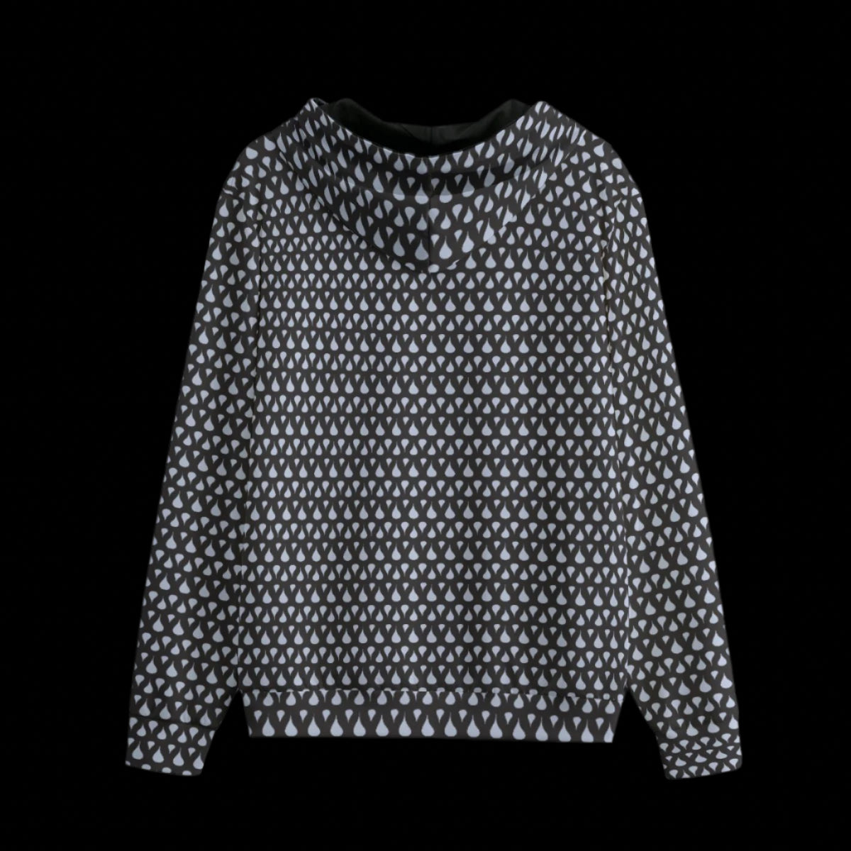 Back of Black zipper hoodie with a gray and blue design on a black background