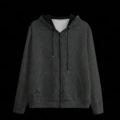 Front of a black patterned hoodie on a black background