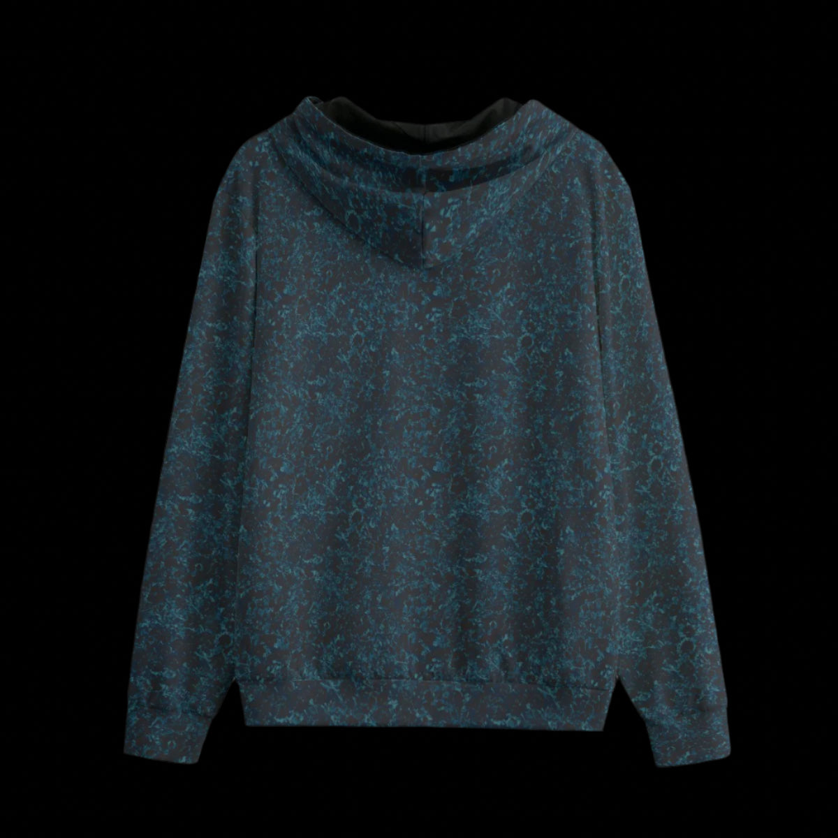 Back of black zippered hoodie with a blue design on a black background