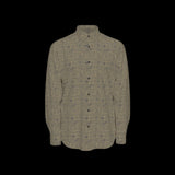 Front of a green patterned long sleeve shirt on a black background