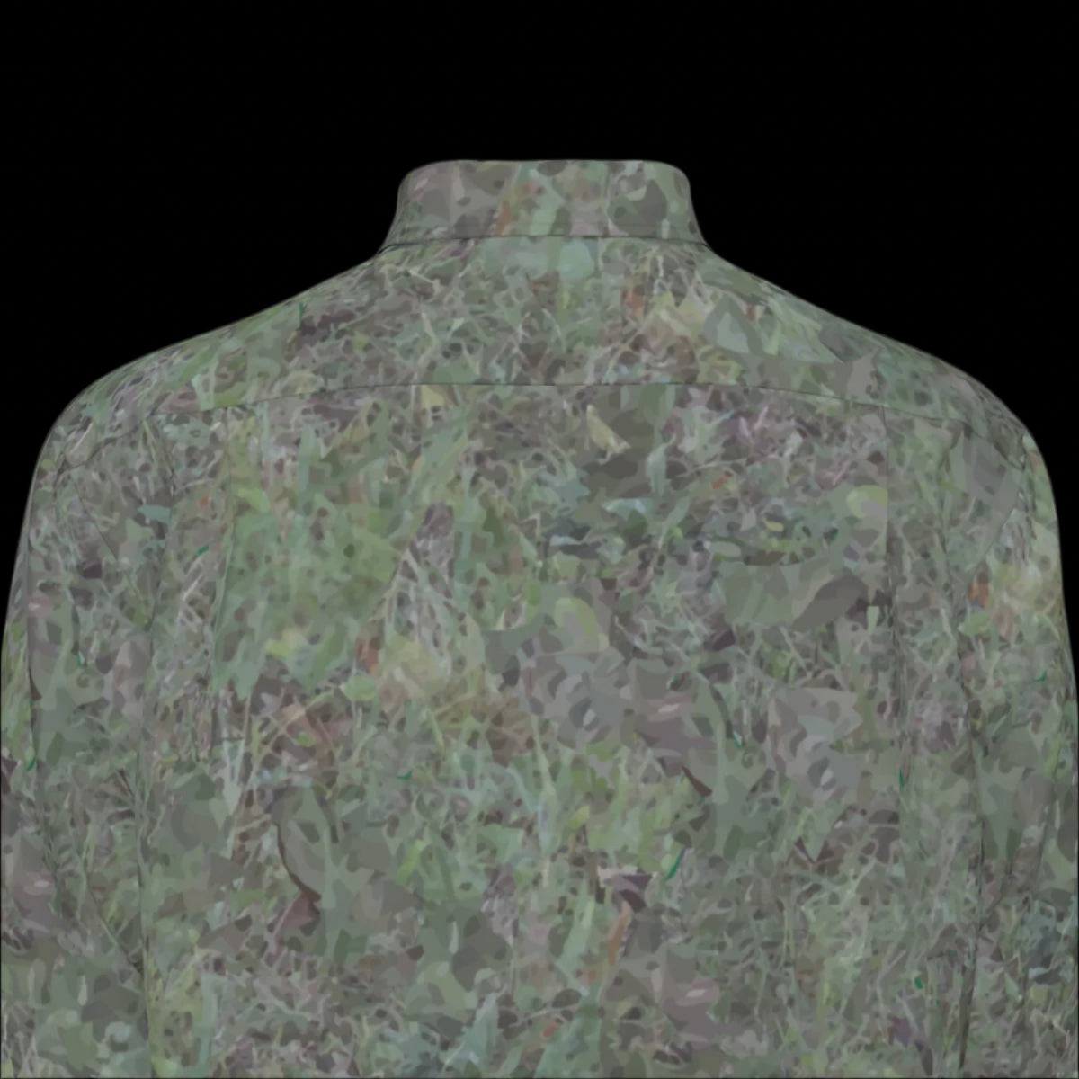 Top back of green patterned long sleeve shirt on a black background