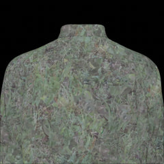 Top back of green patterned long sleeve shirt on a black background