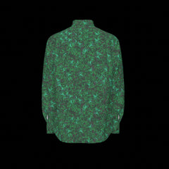 Back of a green patterned long sleeve shirt on a black background