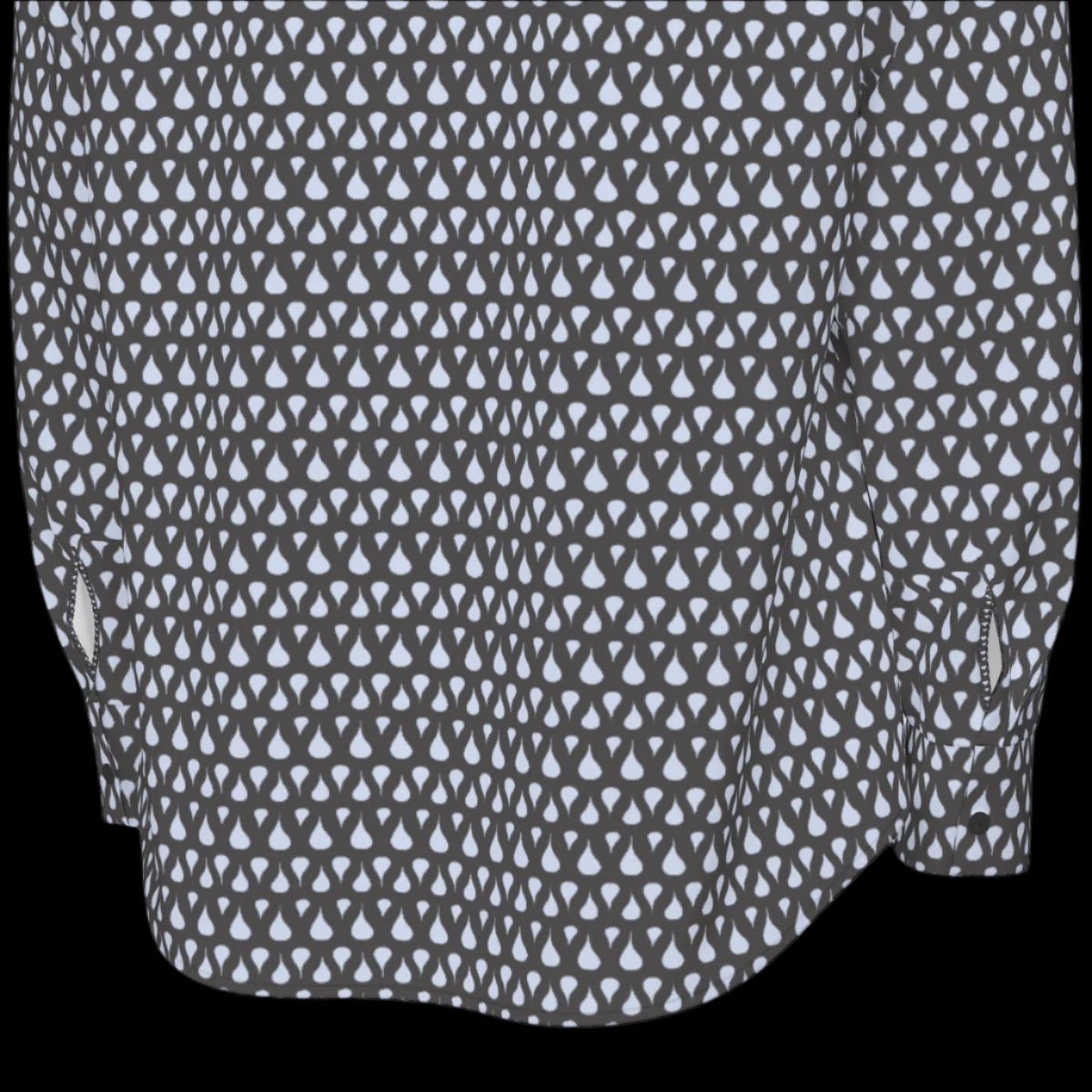 Bottom back of a patterned shirt with small white shapes on a black background