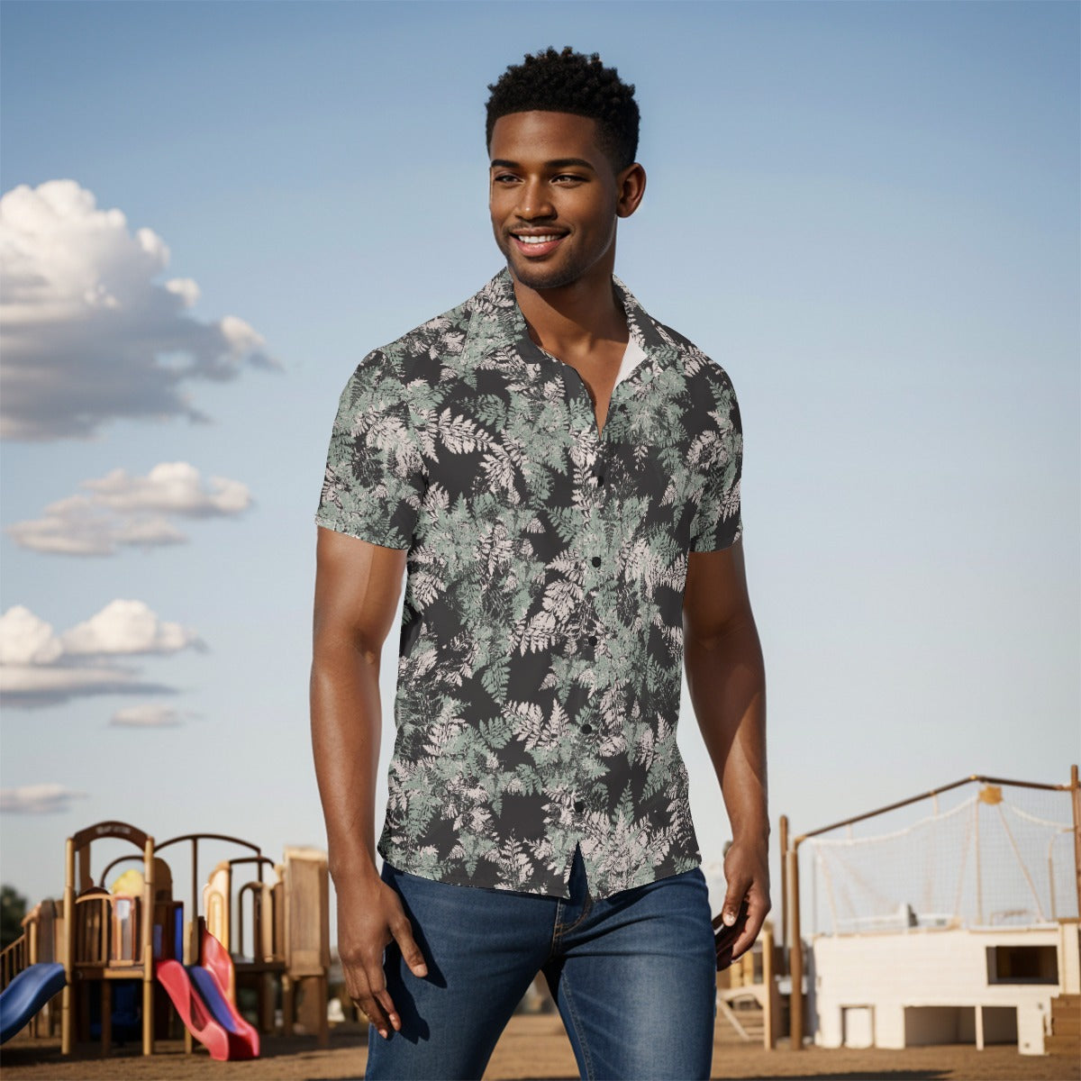 Men's Button Down Short Sleeve Shirt / Wild Sage Fern Design