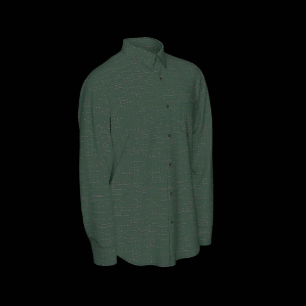Right side of a green long sleeve shirt on a black background