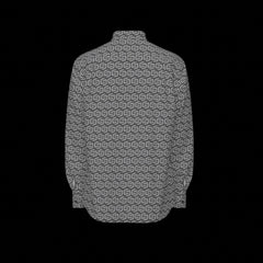 Back of a patterned long sleeve shirt on a black background