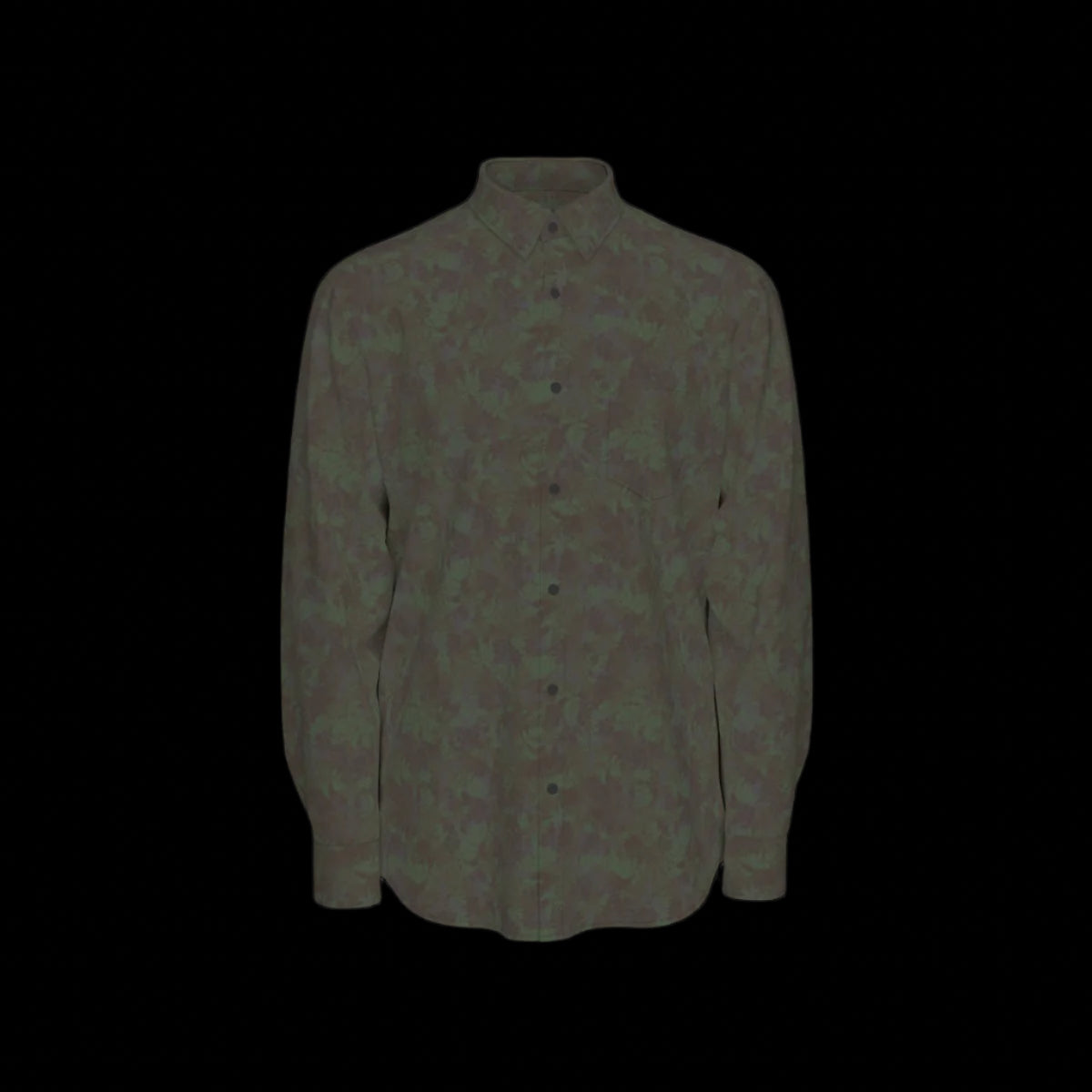 Front of a green patterned long sleeve shirt on a black background
