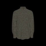 Front of a green patterned long sleeve shirt on a black background