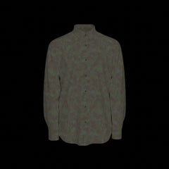 Front of a green patterned long sleeve shirt on a black background