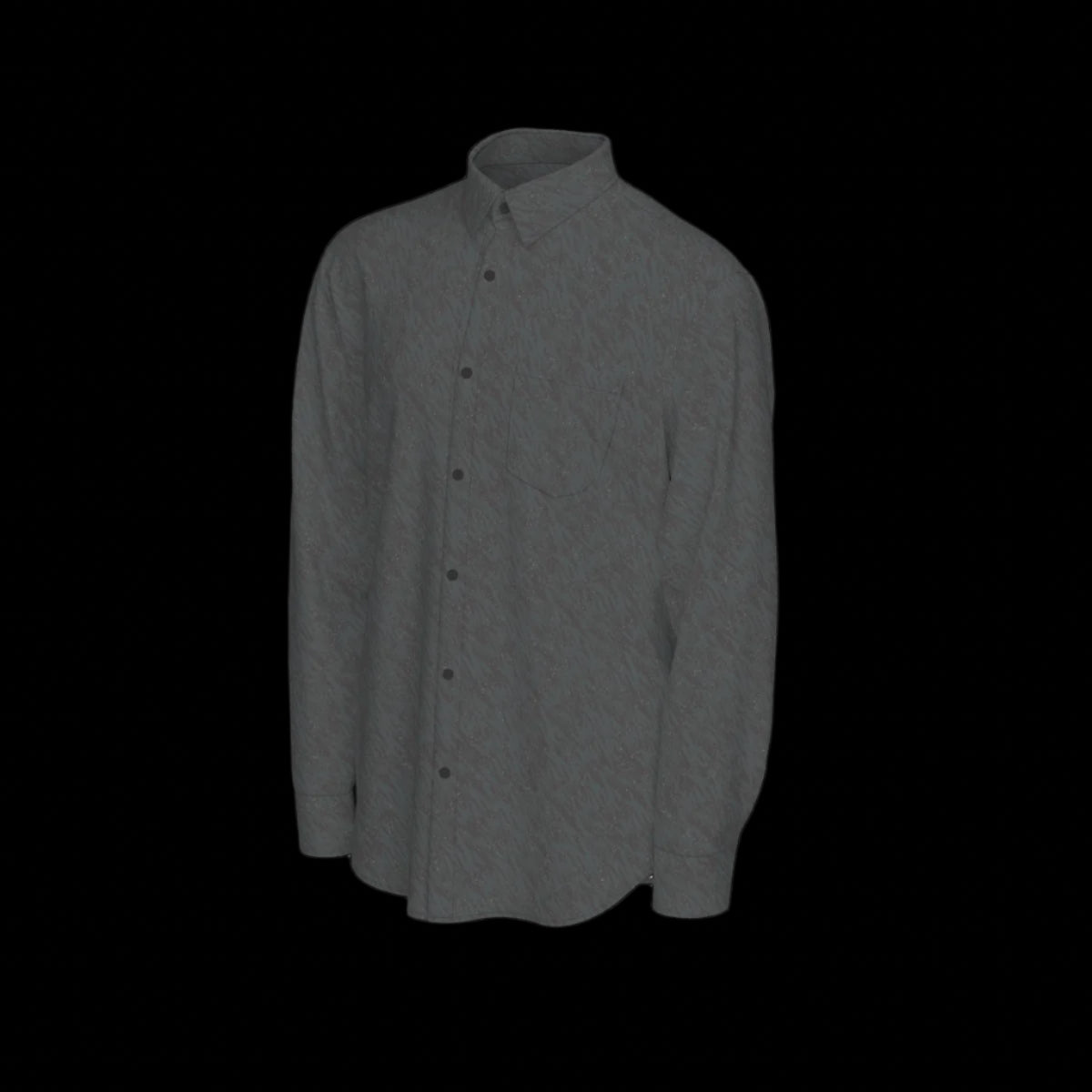 Left side of a gray long sleeve shirt on a black background