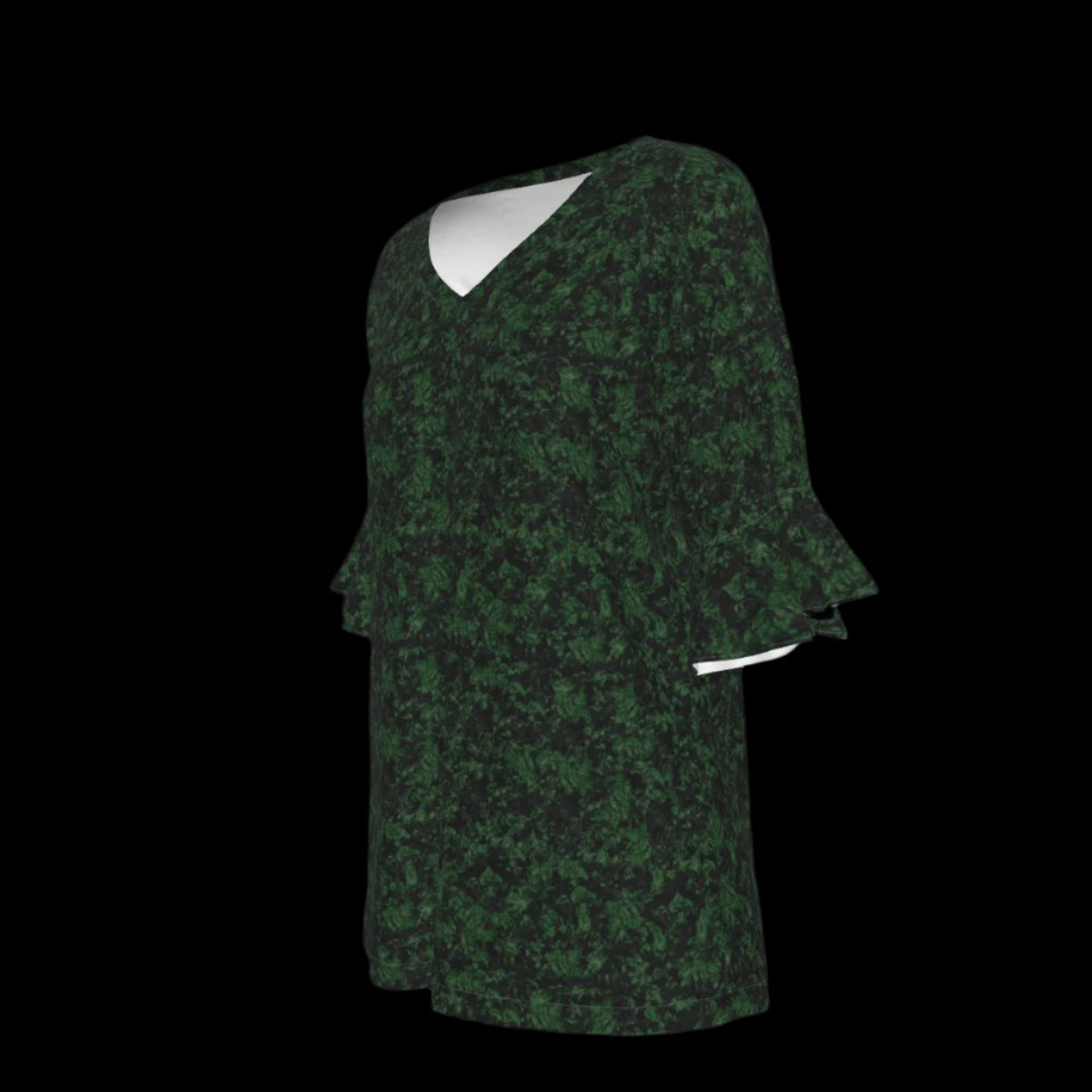 Left of green patterned blouse on a black background