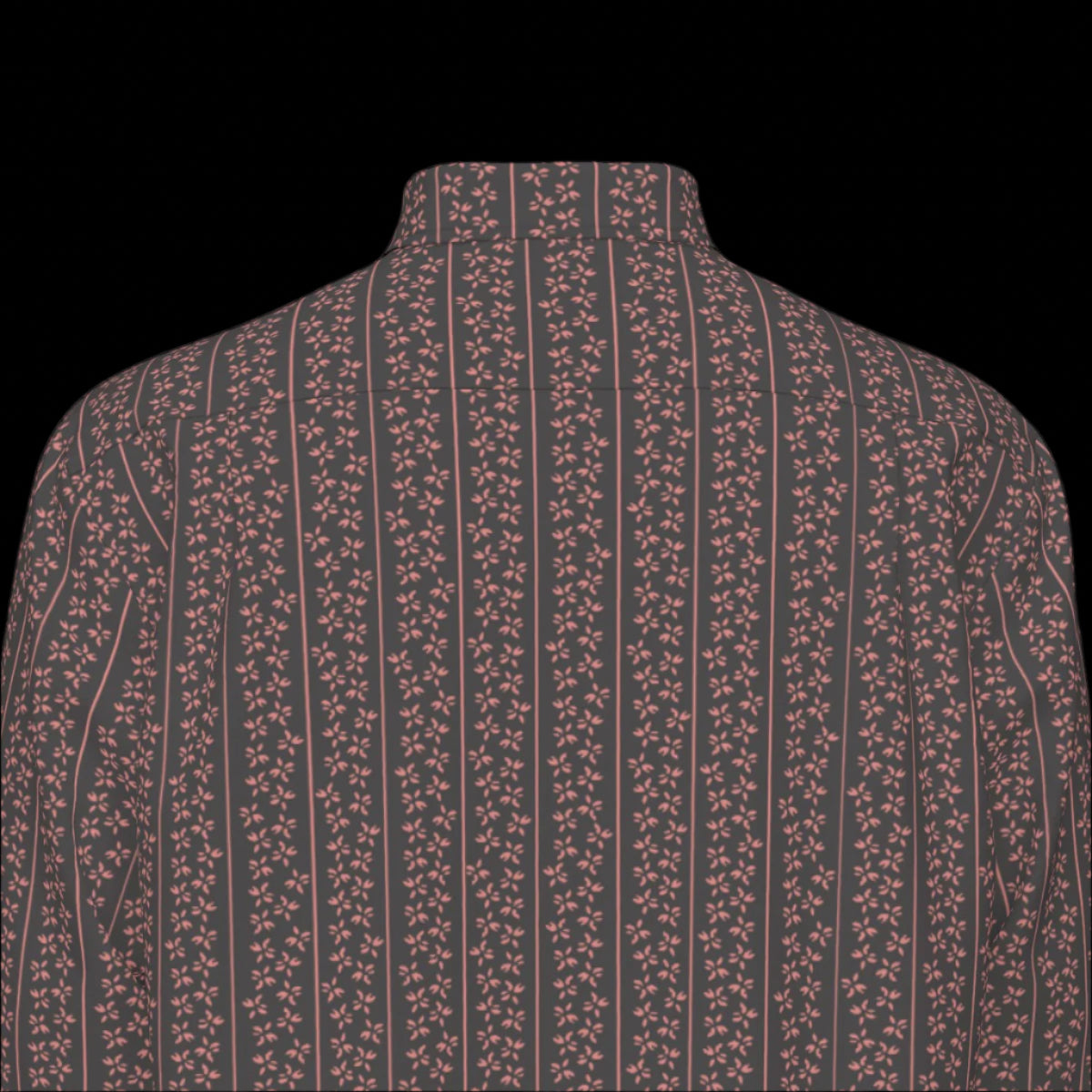 Top back of a long sleeved patterned shirt on a black background