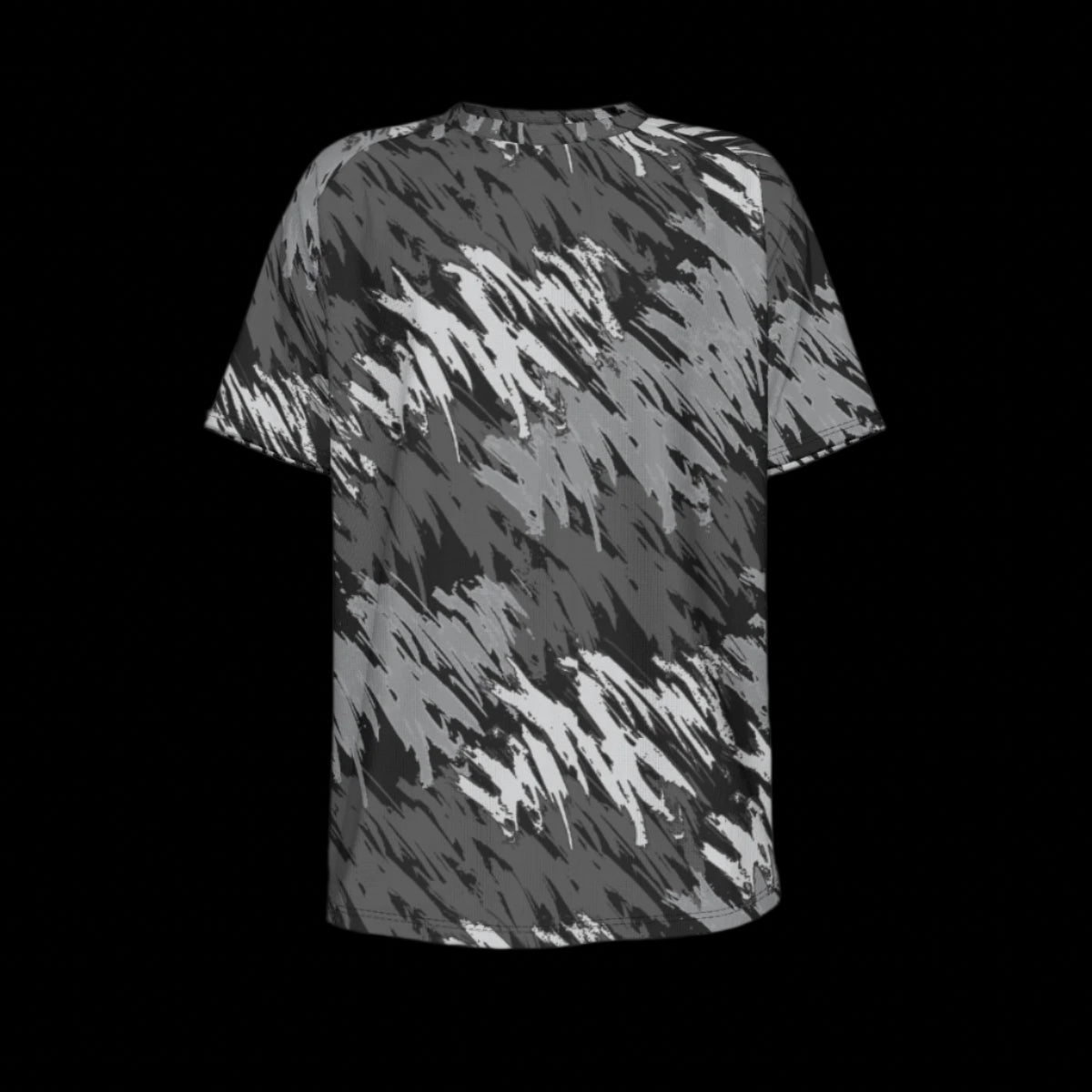 Back of black and gray patterned t-shirt on a black background