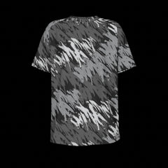 Back of black and gray patterned t-shirt on a black background