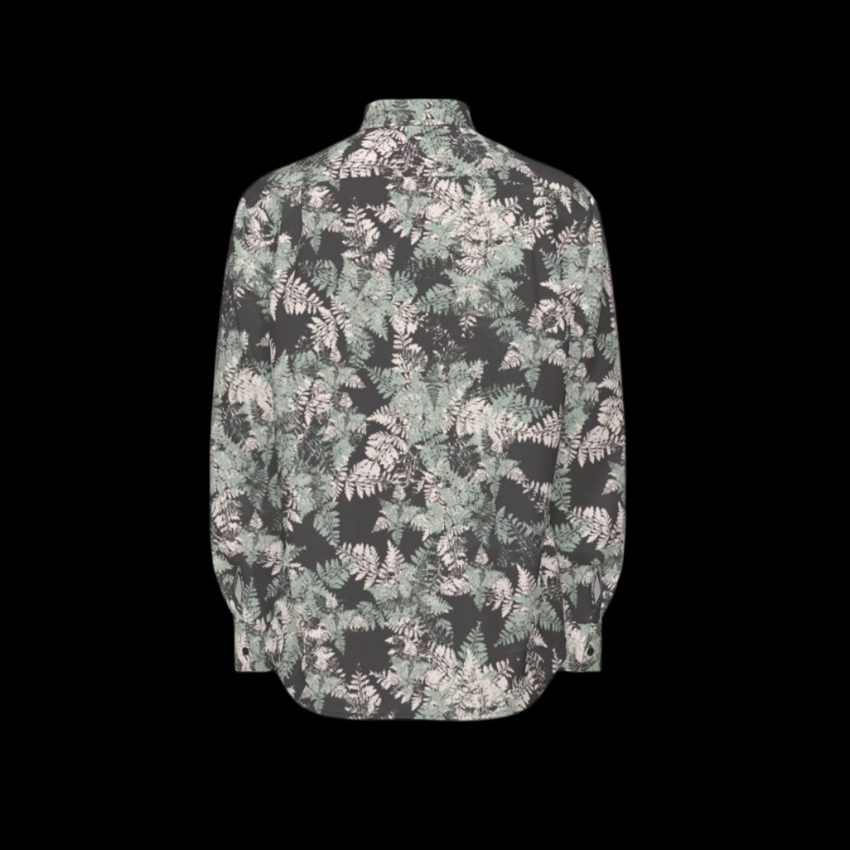 Back of floral patterned shirt on a black background