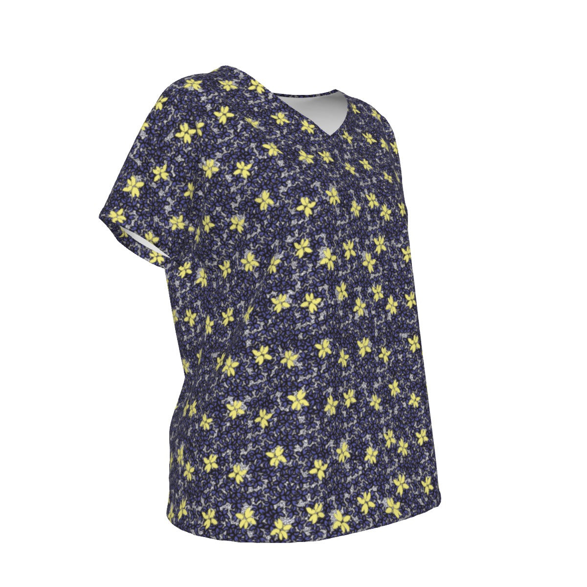 All-Over Women's V-Neck Short Sleeve T-shirt / Blue Yellow Floral Bouquet Design