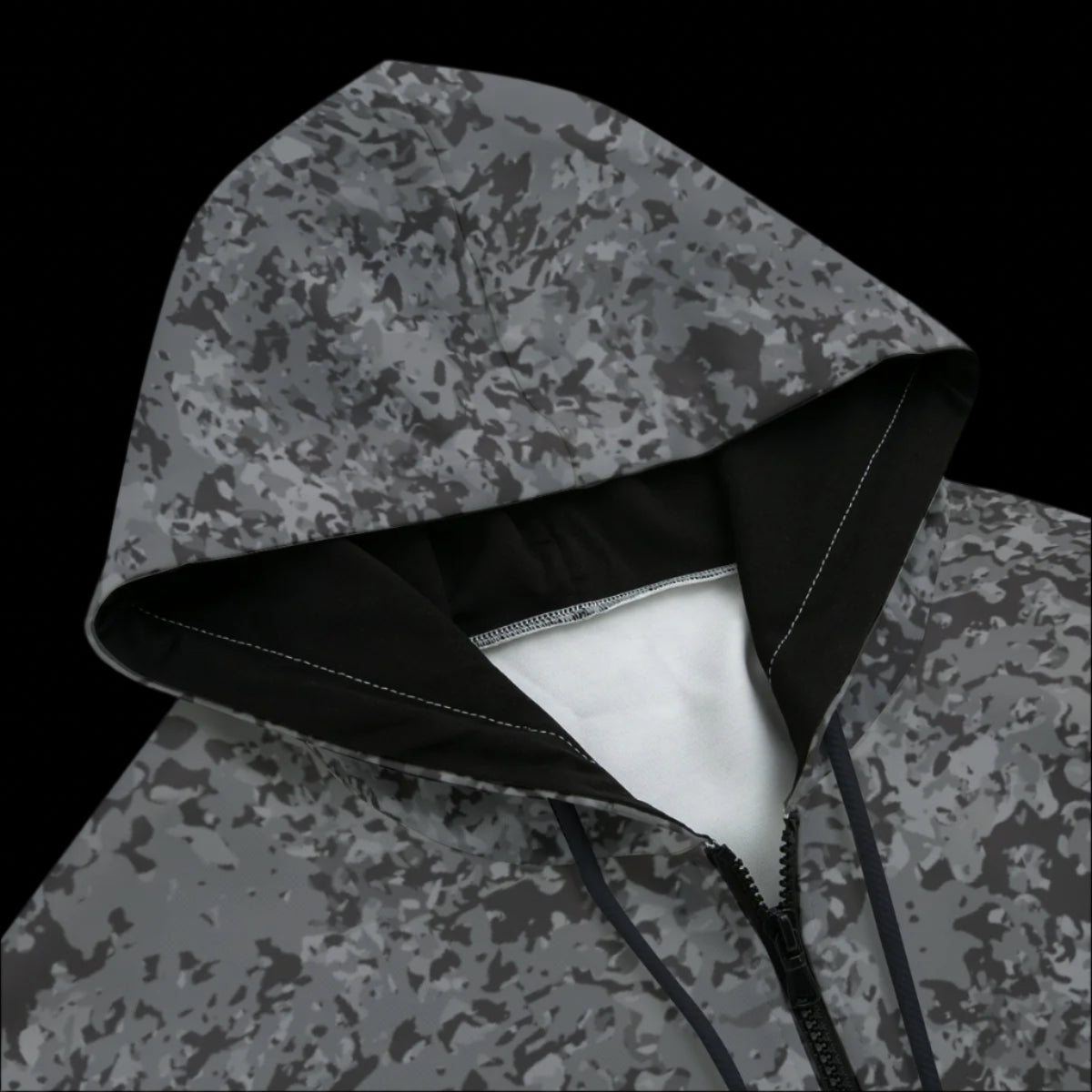Front top of gray camouflage hoodie on a black background