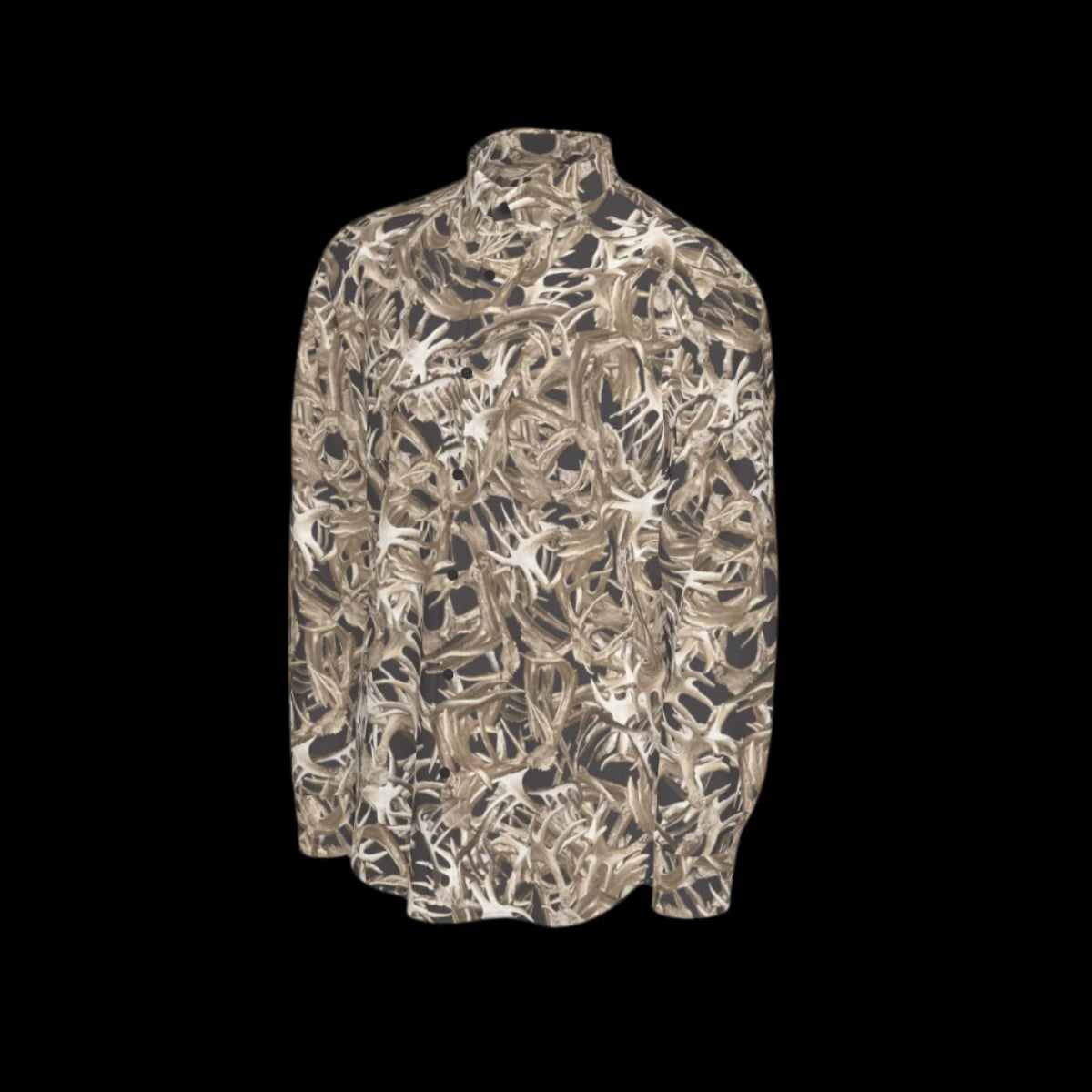 Left side of a camouflage-patterned long sleeve shirt on a black background