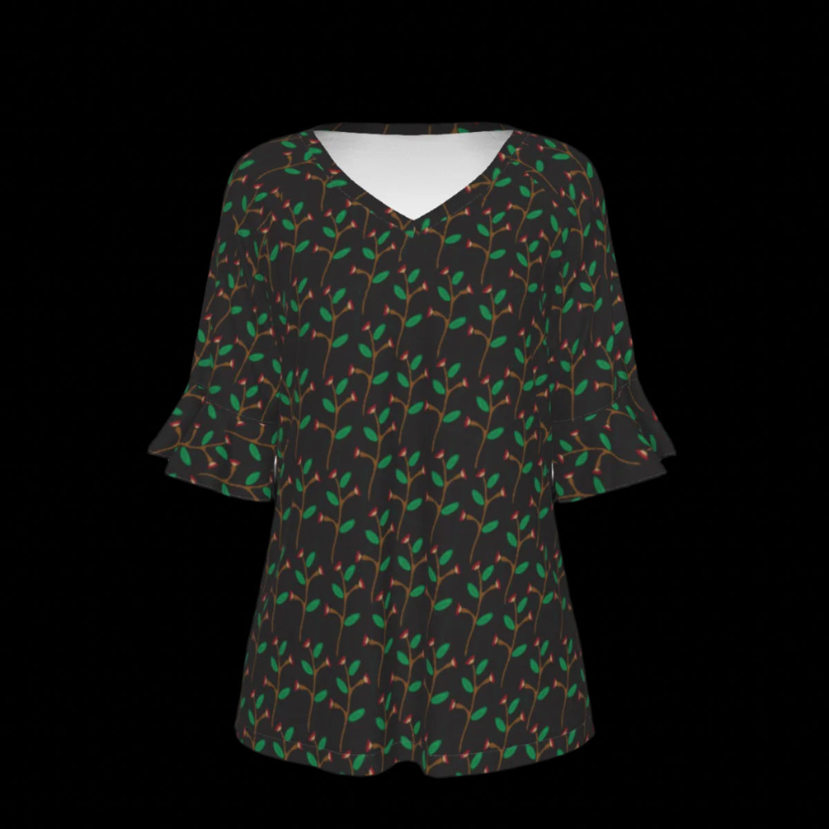 Front of blouse with green leaf pattern on a black background