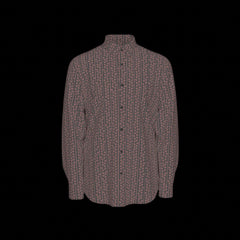 Front of a long sleeved patterned shirt on a black background