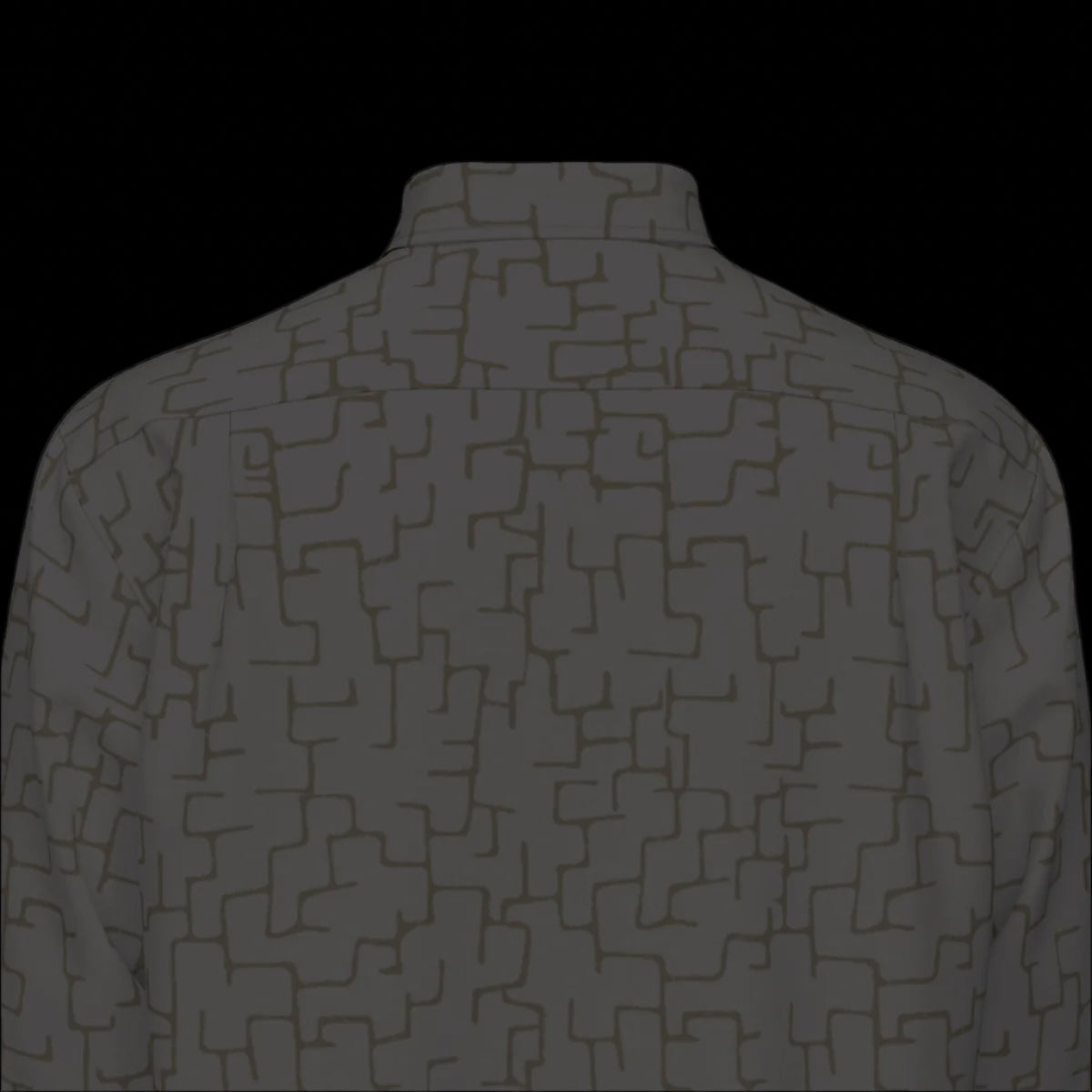 Top back of a camouflage-patterned long sleeve shirt on a black background