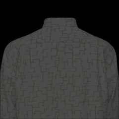 Top back of a camouflage-patterned long sleeve shirt on a black background
