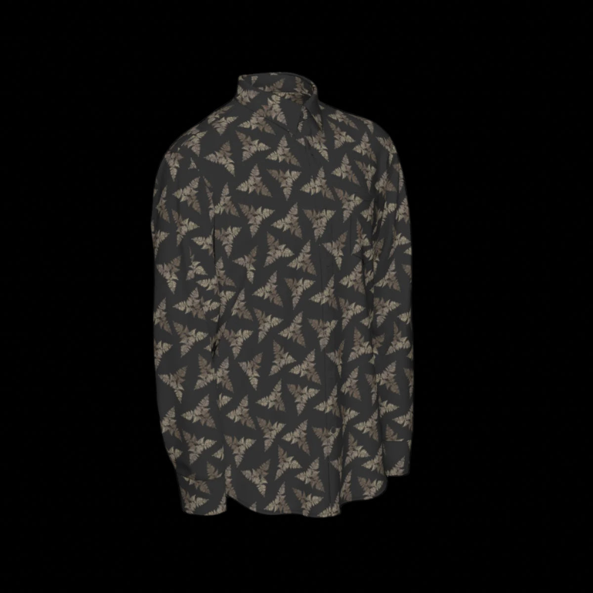 Right side of a patterned long sleeve shirt on a black background
