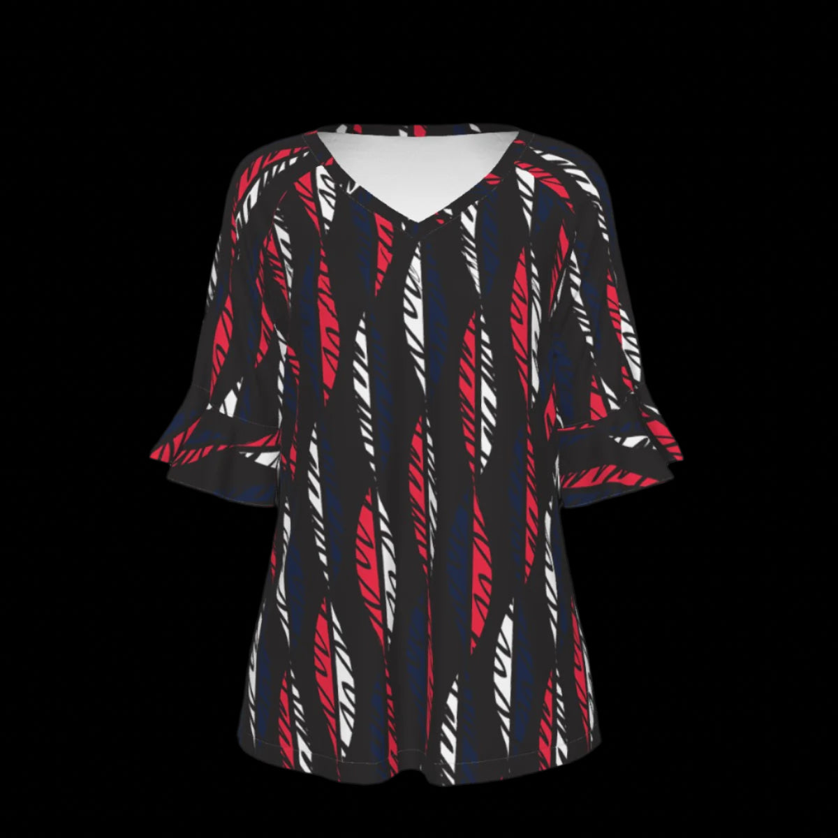 Front of black blous with red and white pattern on a black background