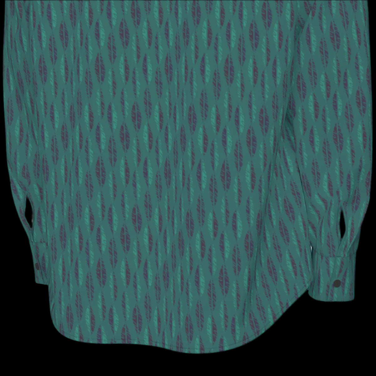Bottom back of green patterned long-sleeved shirt on a black background