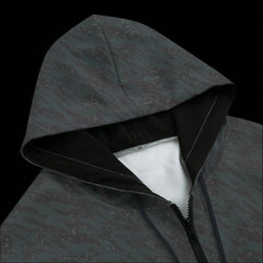 Front top of a textured gray black zipper hoodie on a black background