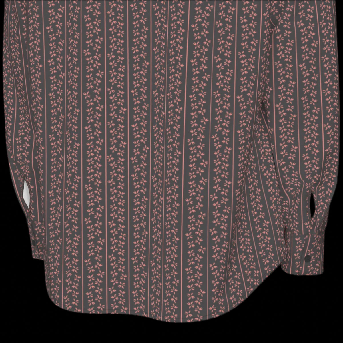 Bottom back hem of a long sleeved patterned shirt on a black background