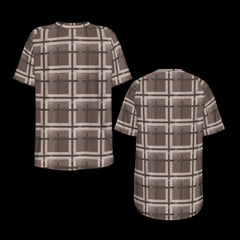 Front and back of plaid shirt with brown and beige pattern on a black background