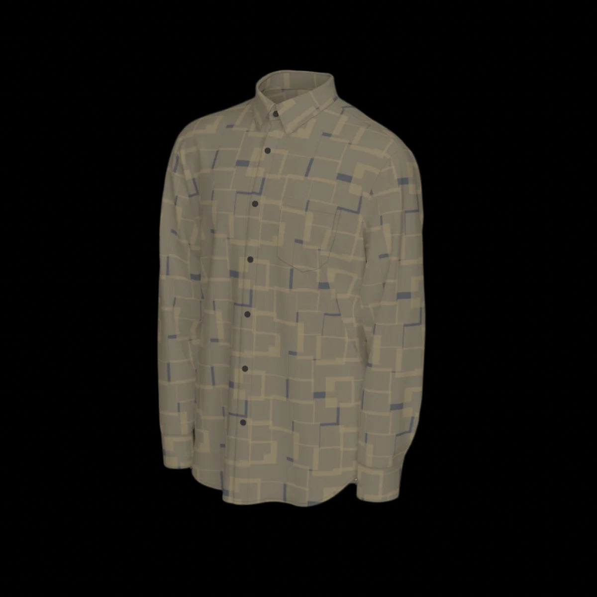 Left side of green patterned long sleeve shirt on a black background