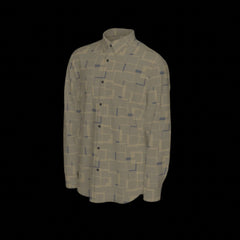 Left side of green patterned long sleeve shirt on a black background