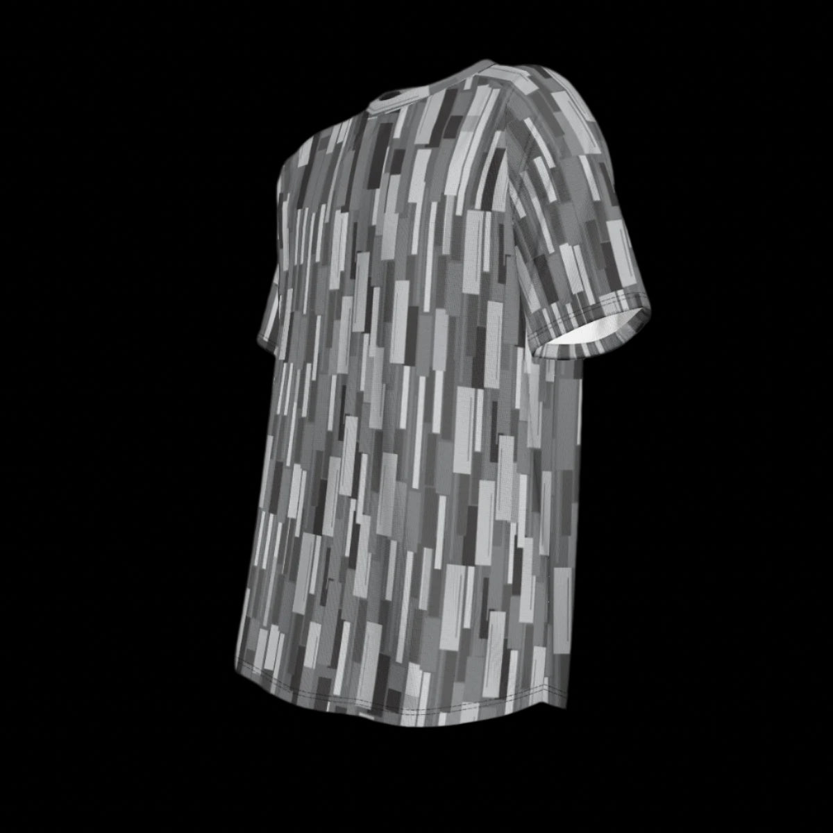 Left side of gray and black patterned t-shirt on a black background