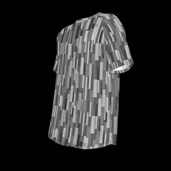 Left side of gray and black patterned t-shirt on a black background