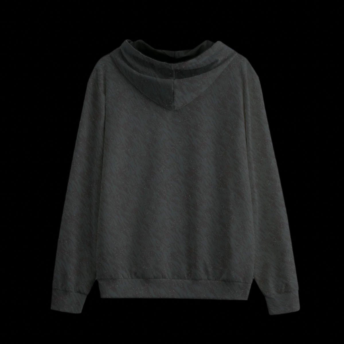 Back of a black patterned hoodie on a black background
